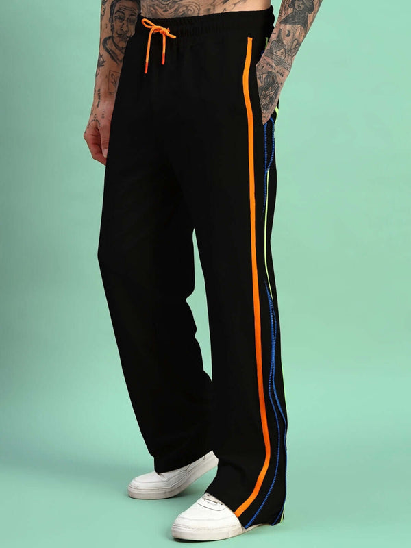 Genzclassic Men's Side Zipper Track Pants with Contrast Piping, Athletic Fit Sports Lower | Black, Orange & Blue