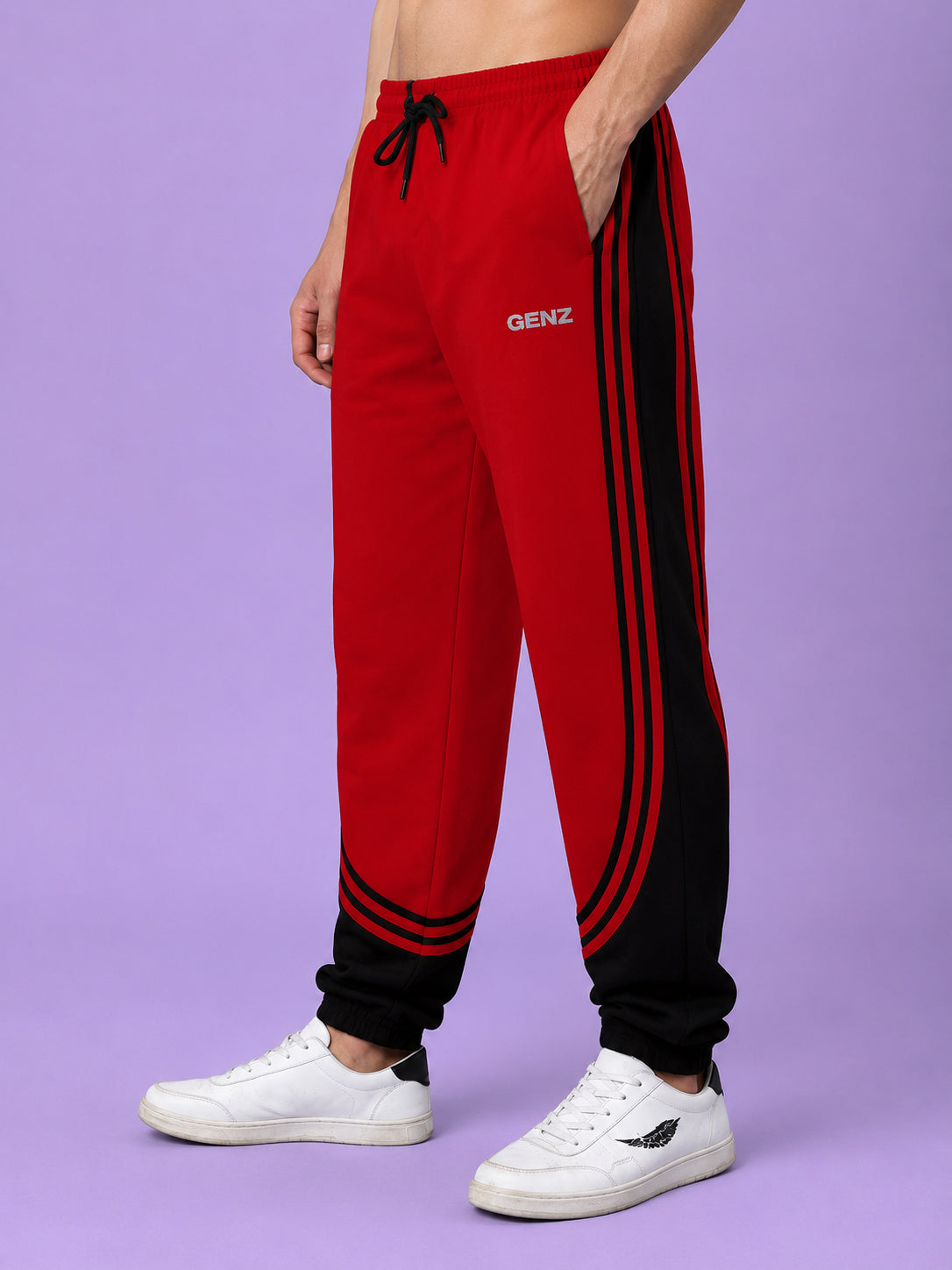 Genzclassic Men's Cotton Jogger Track Pants with Triple Side Stripes, Athletic Fit Sports Lower | Red & Black