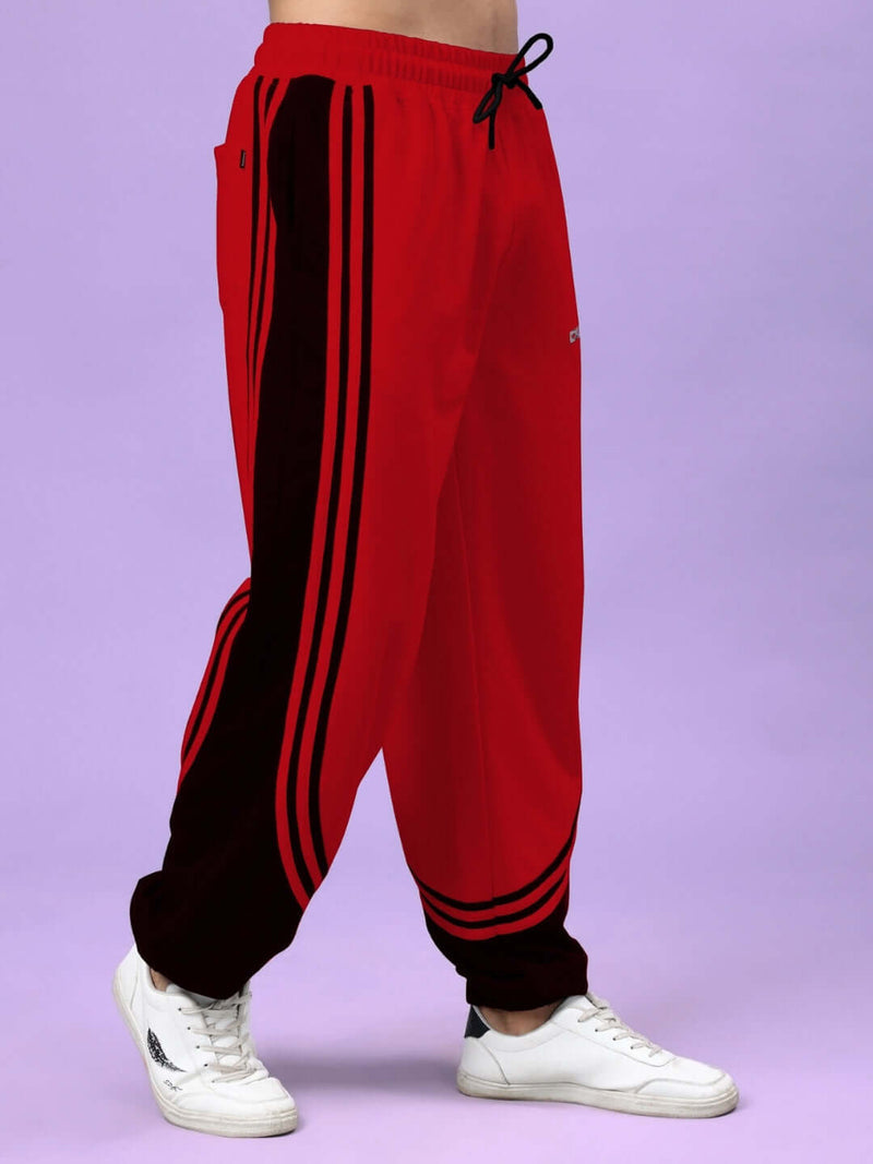 Genzclassic Men's Cotton Jogger Track Pants with Triple Side Stripes, Athletic Fit Sports Lower | Red & Black