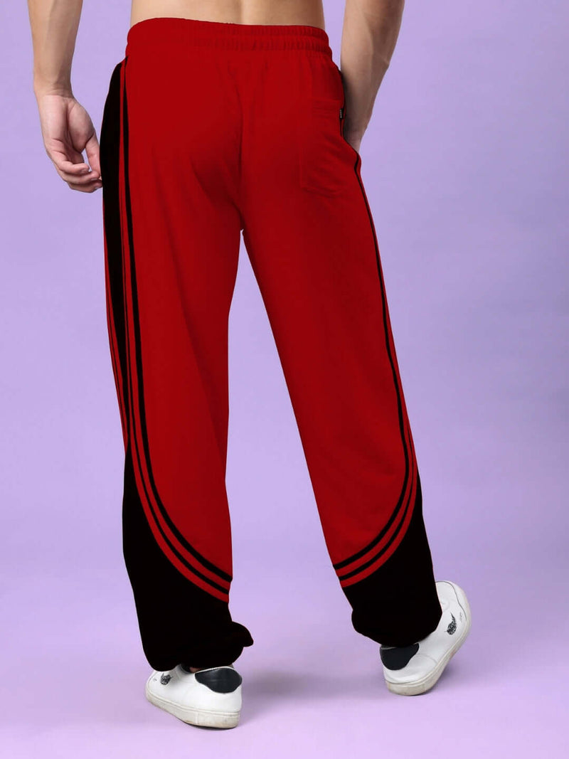 Genzclassic Men's Cotton Jogger Track Pants with Triple Side Stripes, Athletic Fit Sports Lower | Red & Black