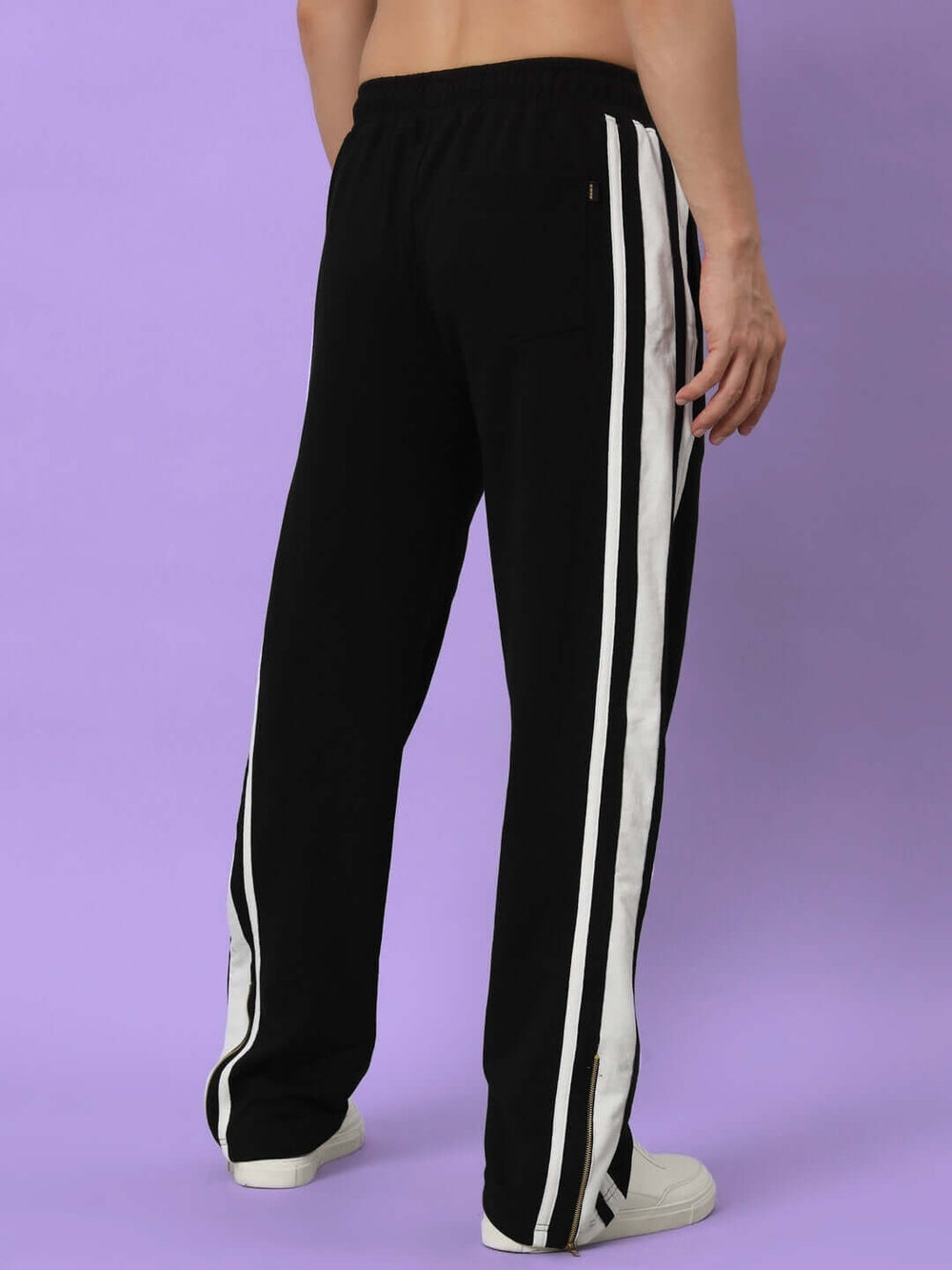 Genzclassic Men's Cotton Track Pants with Double Side Stripes, Straight Fit Sports Lower | Black & White