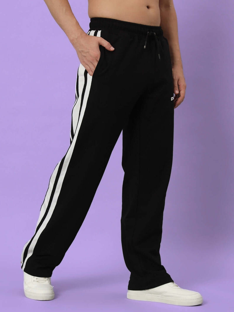 Genzclassic Men's Cotton Track Pants with Double Side Stripes, Straight Fit Sports Lower | Black & White