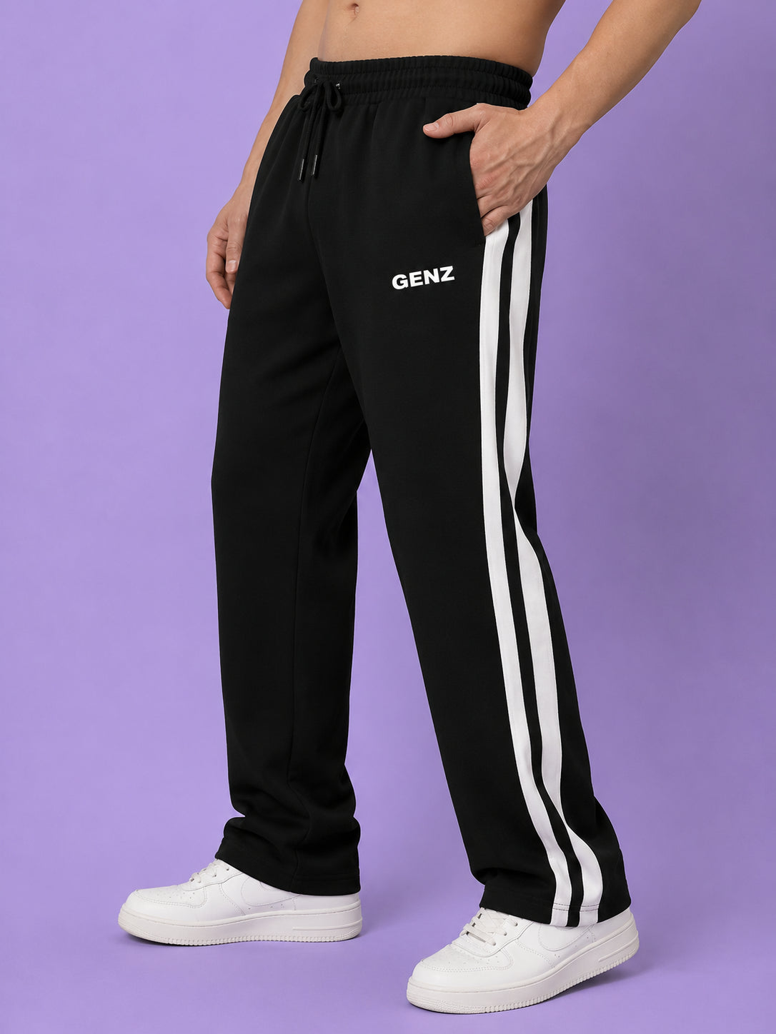 Genzclassic Men's Cotton Track Pants with Double Side Stripes, Straight Fit Sports Lower | Black & White