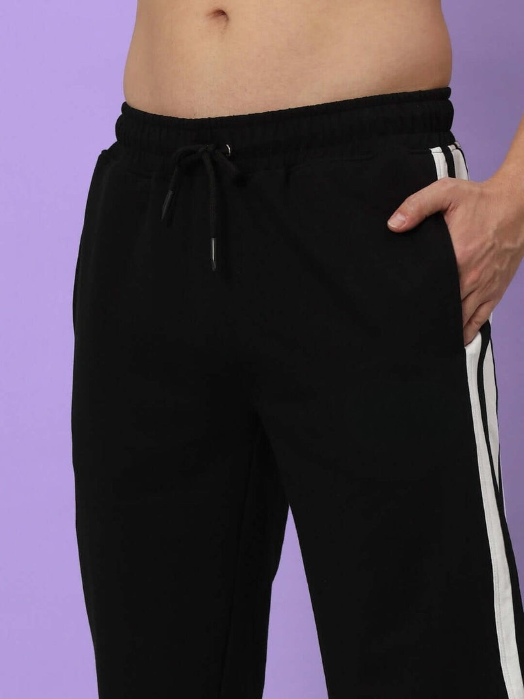 Genzclassic Men's Cotton Track Pants with Double Side Stripes, Straight Fit Sports Lower | Black & White