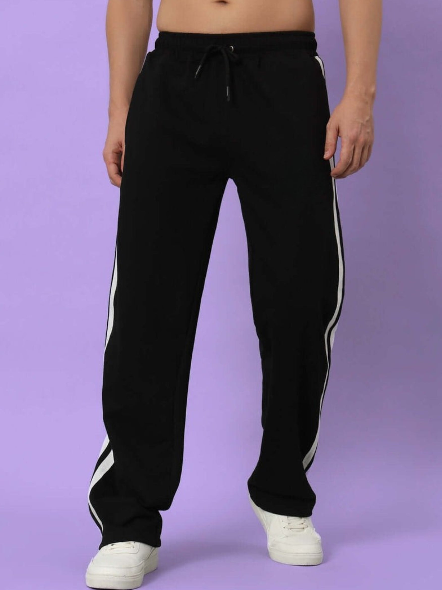 Genzclassic Men's Cotton Track Pants with Double Side Stripes, Straight Fit Sports Lower | Black & White