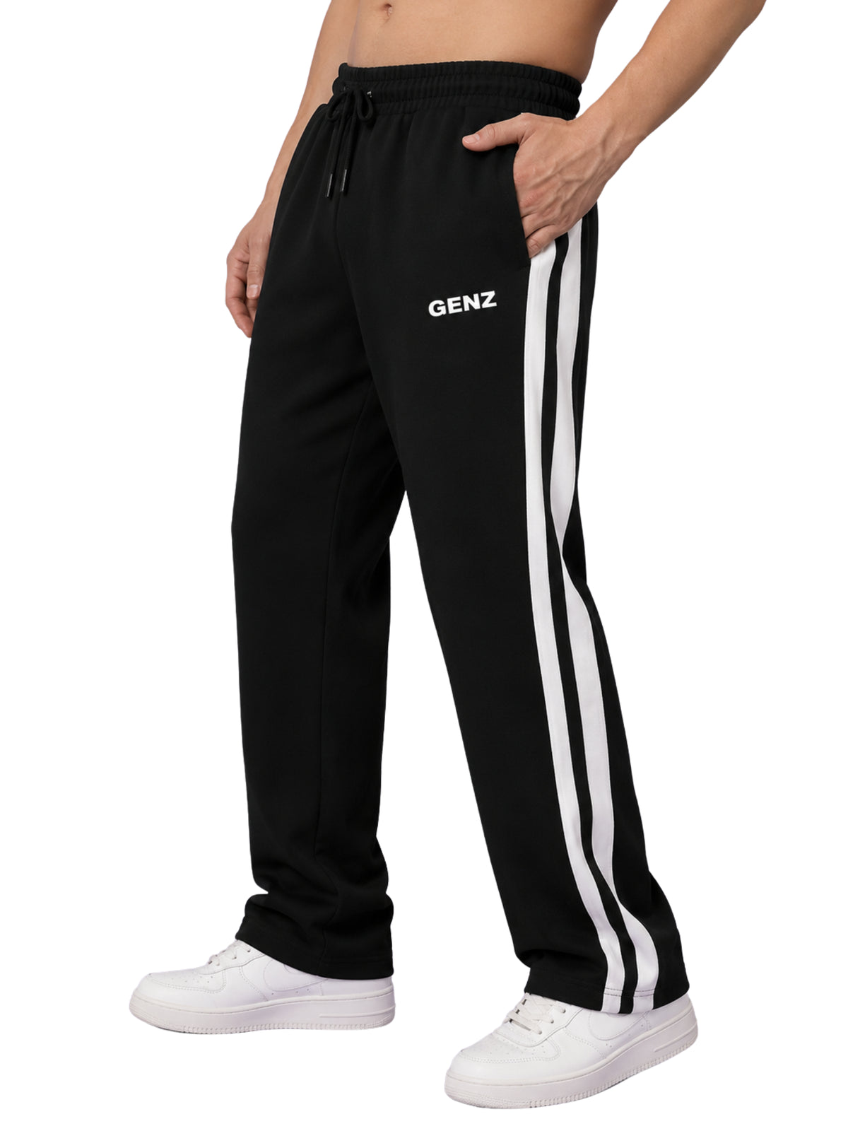 Genzclassic Men's Cotton Track Pants with Double Side Stripes, Straight Fit Sports Lower | Black & White