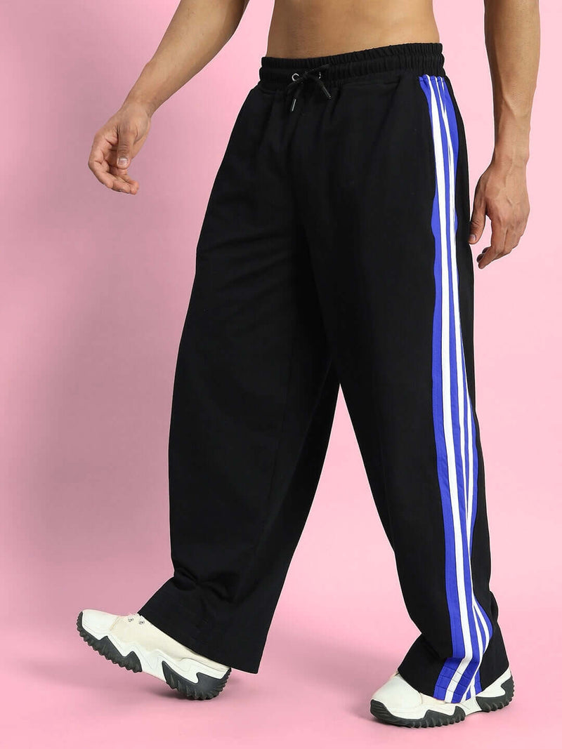 Genzclassic Men's Wide Leg Cotton Track Pants with Triple Side Stripes, Relaxed Fit Sports Lower | Black, Blue & White