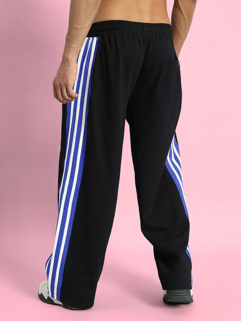 Genzclassic Men's Wide Leg Cotton Track Pants with Triple Side Stripes, Relaxed Fit Sports Lower | Black, Blue & White