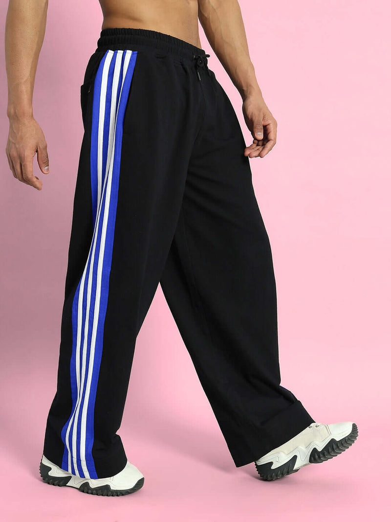 Genzclassic Men's Wide Leg Cotton Track Pants with Triple Side Stripes, Relaxed Fit Sports Lower | Black, Blue & White