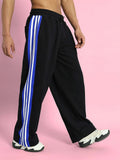 Genzclassic Men's Wide Leg Cotton Track Pants with Triple Side Stripes, Relaxed Fit Sports Lower | Black, Blue & White