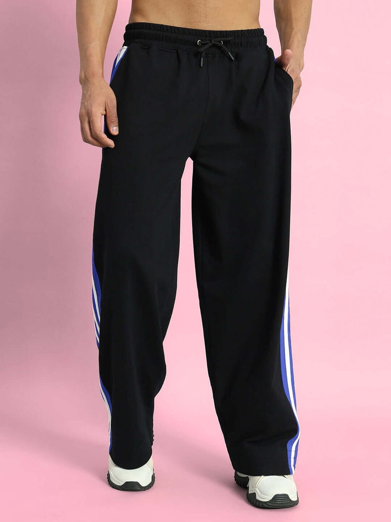 Genzclassic Men's Wide Leg Cotton Track Pants with Triple Side Stripes, Relaxed Fit Sports Lower | Black, Blue & White