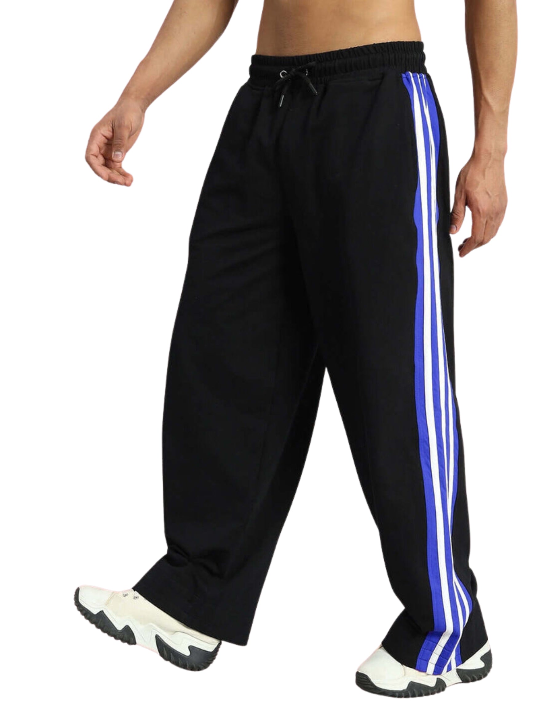 Genzclassic Men's Wide Leg Cotton Track Pants with Triple Side Stripes, Relaxed Fit Sports Lower | Black, Blue & White