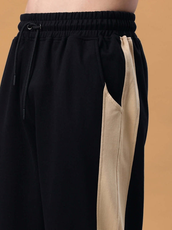 Genzclassic Men's Black Cotton Track Pants with Contrast Side Panels | Regular Fit Joggers | Casual, Gym & Sports Wear