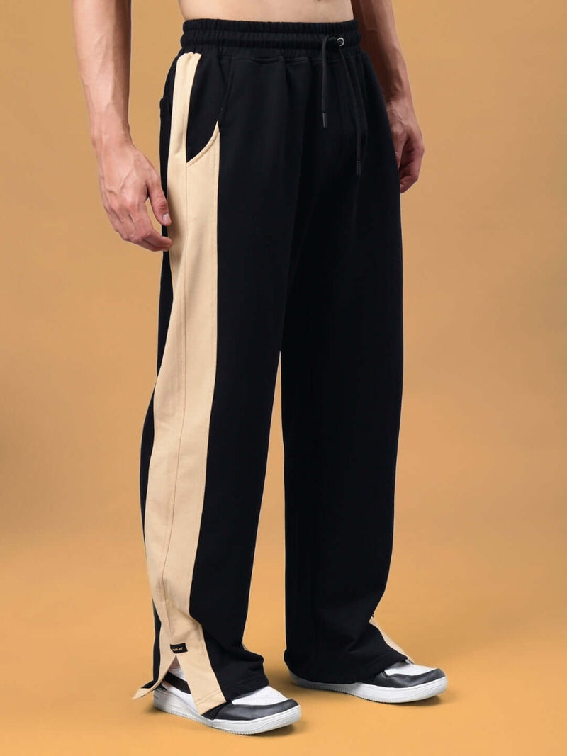 Genzclassic Men's Black Cotton Track Pants with Contrast Side Panels | Regular Fit Joggers | Casual, Gym & Sports Wear
