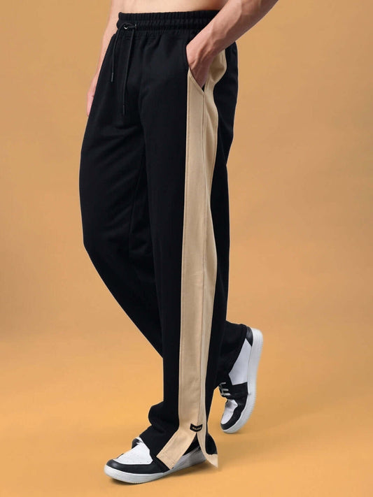 Genzclassic Men's Black Cotton Track Pants with Contrast Side Panels | Regular Fit Joggers | Casual, Gym & Sports Wear