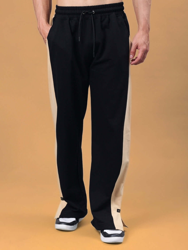 Genzclassic Men's Black Cotton Track Pants with Contrast Side Panels | Regular Fit Joggers | Casual, Gym & Sports Wear