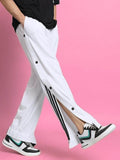Genzclassic Men's Snap Button Track Pants with Side Stripes, Relaxed Fit Sports Lower | White & Black