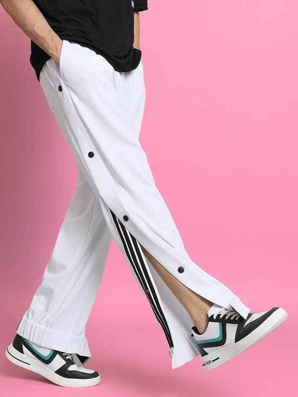 Genzclassic Men's Snap Button Track Pants with Side Stripes, Relaxed Fit Sports Lower | White & Black