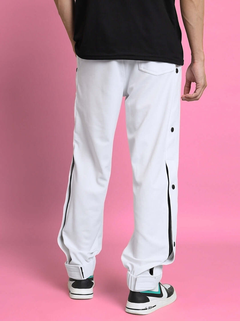 Genzclassic Men's Snap Button Track Pants with Side Stripes, Relaxed Fit Sports Lower | White & Black