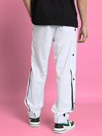 Genzclassic Men's Snap Button Track Pants with Side Stripes, Relaxed Fit Sports Lower | White & Black