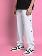 Genzclassic Men's Snap Button Track Pants with Side Stripes, Relaxed Fit Sports Lower | White & Black