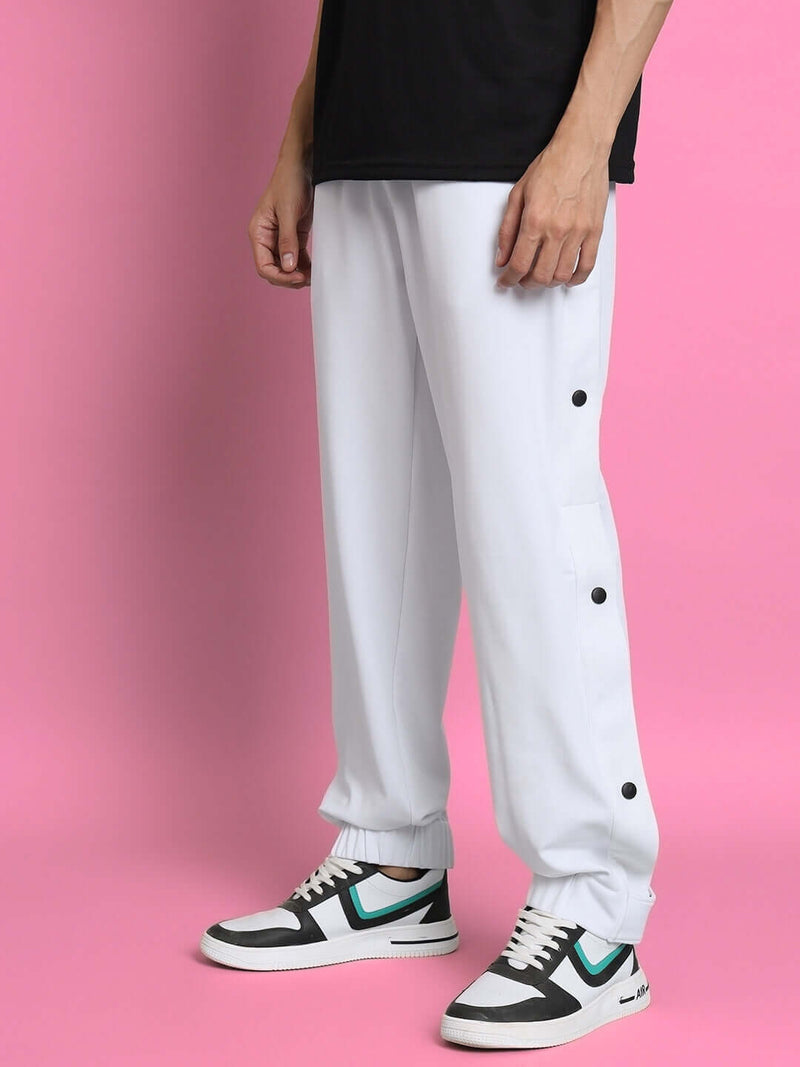 Genzclassic Men's Snap Button Track Pants with Side Stripes, Relaxed Fit Sports Lower | White & Black