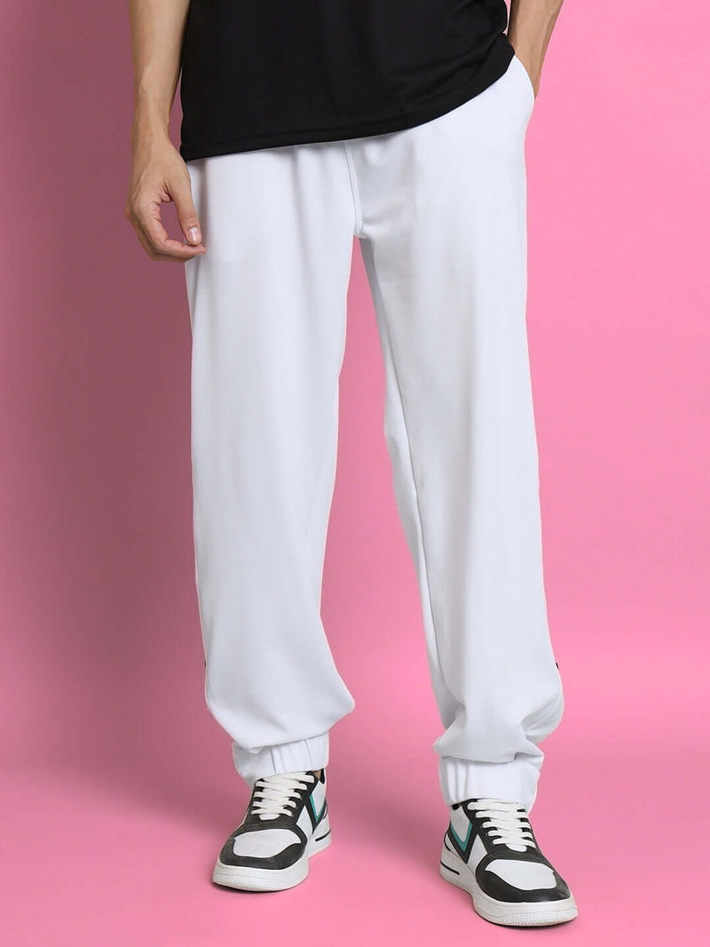 Genzclassic Men's Snap Button Track Pants with Side Stripes, Relaxed Fit Sports Lower | White & Black