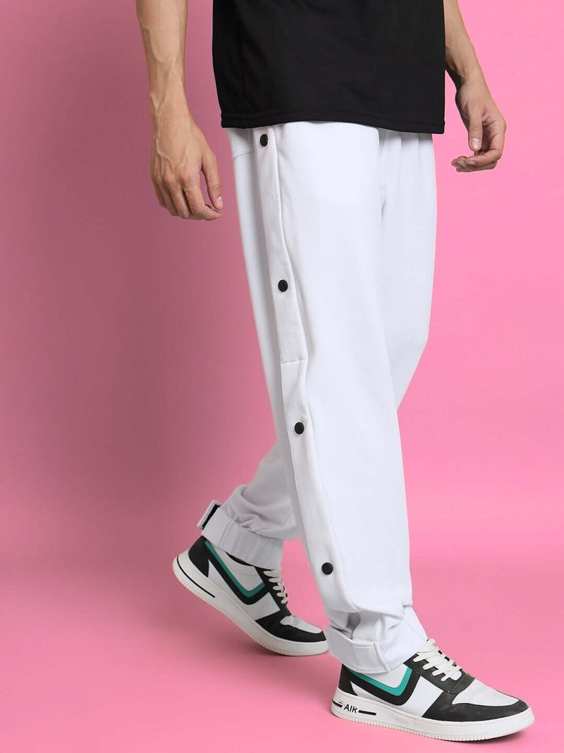Genzclassic Men's Snap Button Track Pants with Side Stripes, Relaxed Fit Sports Lower | White & Black