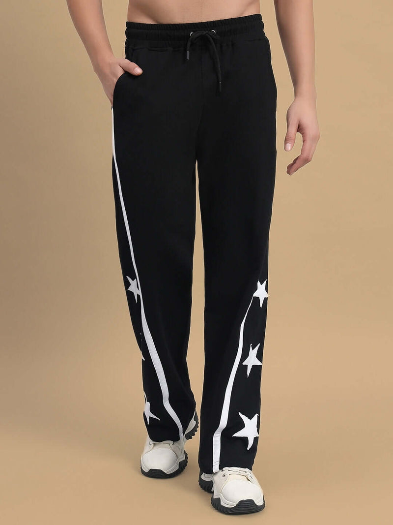 Genzclassic Men's Cotton Track Pants with Star Print Side Design, Straight Fit Sports Lower | Black & White