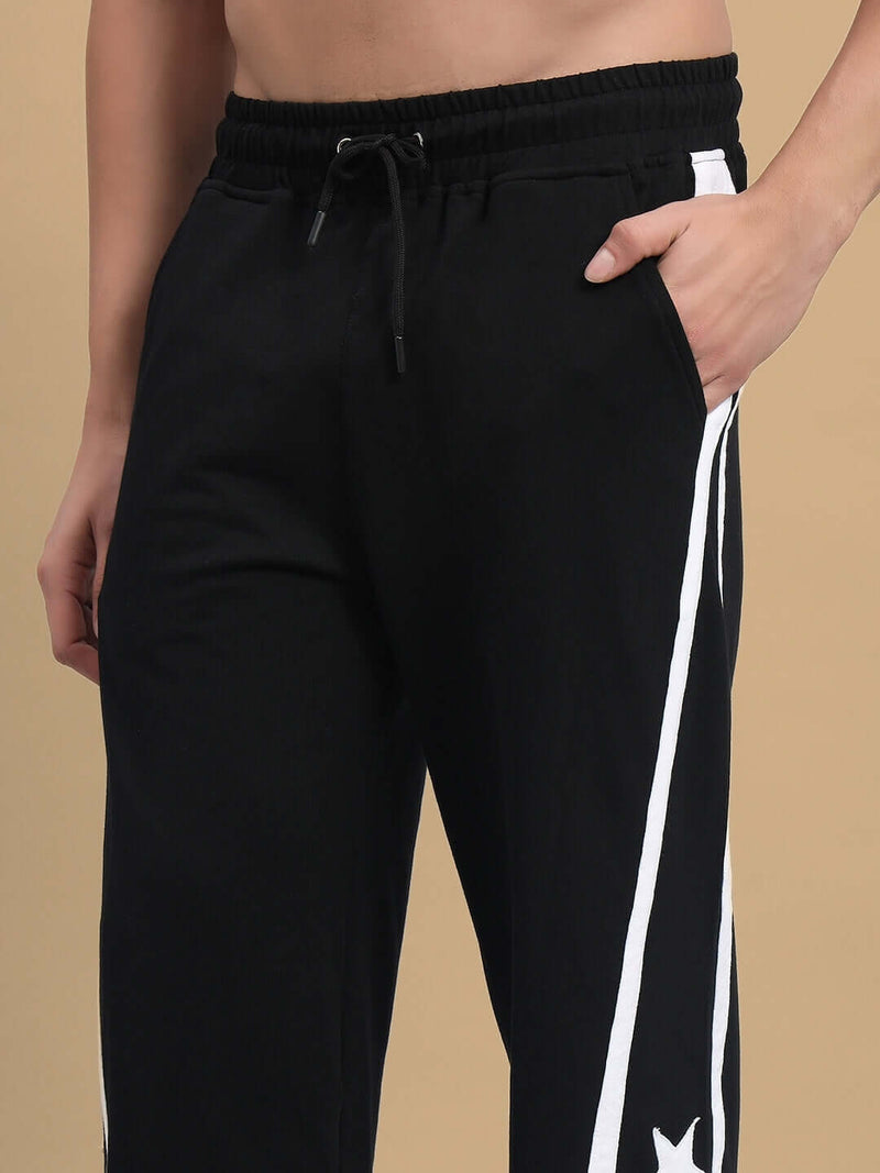 Genzclassic Men's Cotton Track Pants with Star Print Side Design, Straight Fit Sports Lower | Black & White