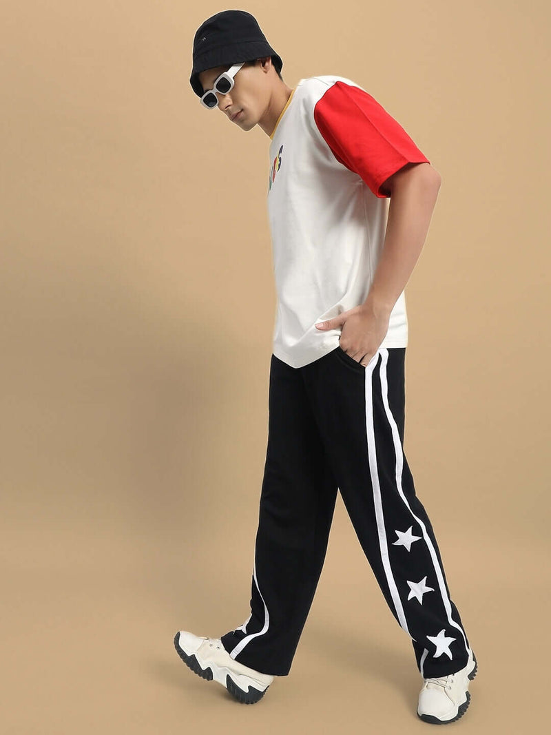 Genzclassic Men's Cotton Track Pants with Star Print Side Design, Straight Fit Sports Lower | Black & White