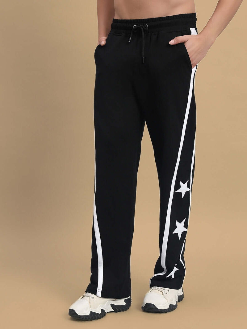 Genzclassic Men's Cotton Track Pants with Star Print Side Design, Straight Fit Sports Lower | Black & White