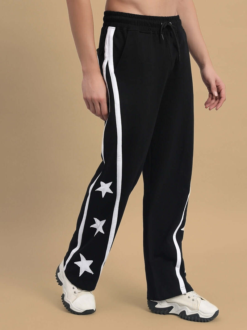 Genzclassic Men's Cotton Track Pants with Star Print Side Design, Straight Fit Sports Lower | Black & White