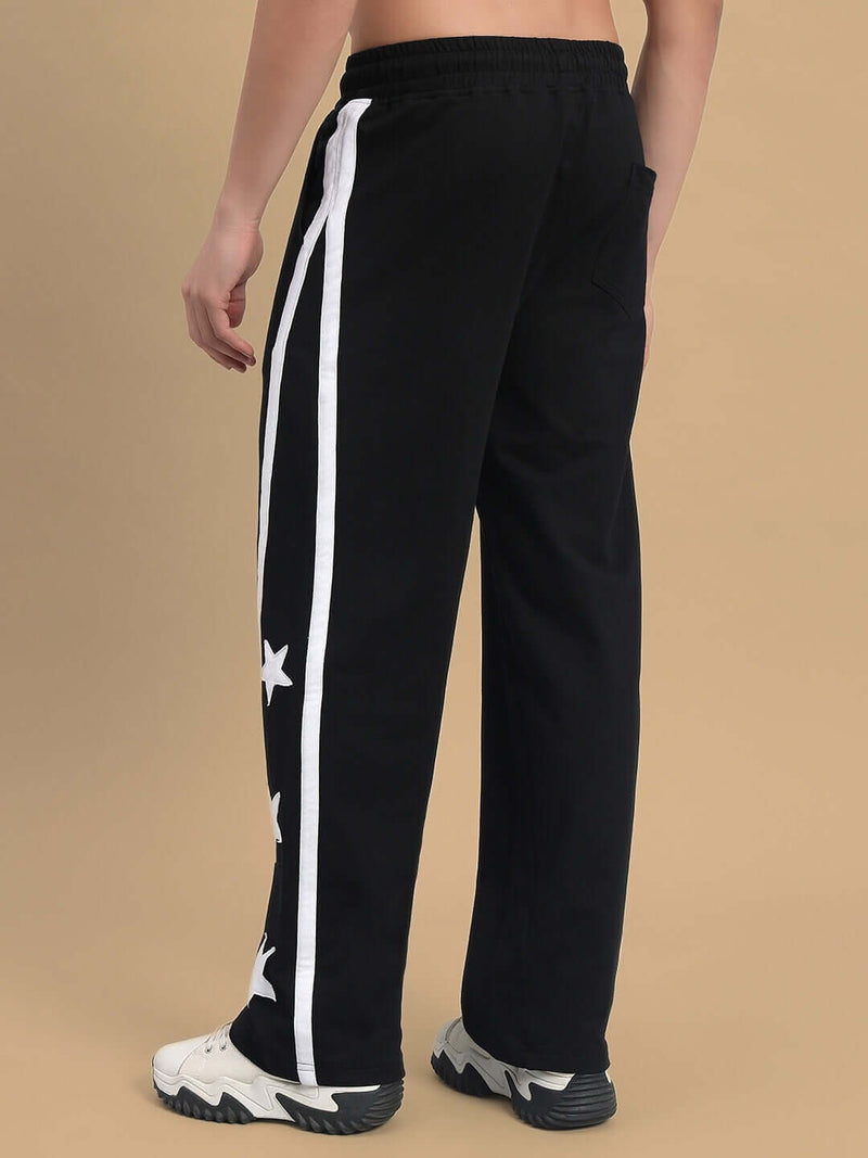 Genzclassic Men's Cotton Track Pants with Star Print Side Design, Straight Fit Sports Lower | Black & White