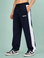 Genzclassic Men's Cotton Track Pants with Contrast Side Panel, Straight Fit Sports Lower | Navy Blue & White