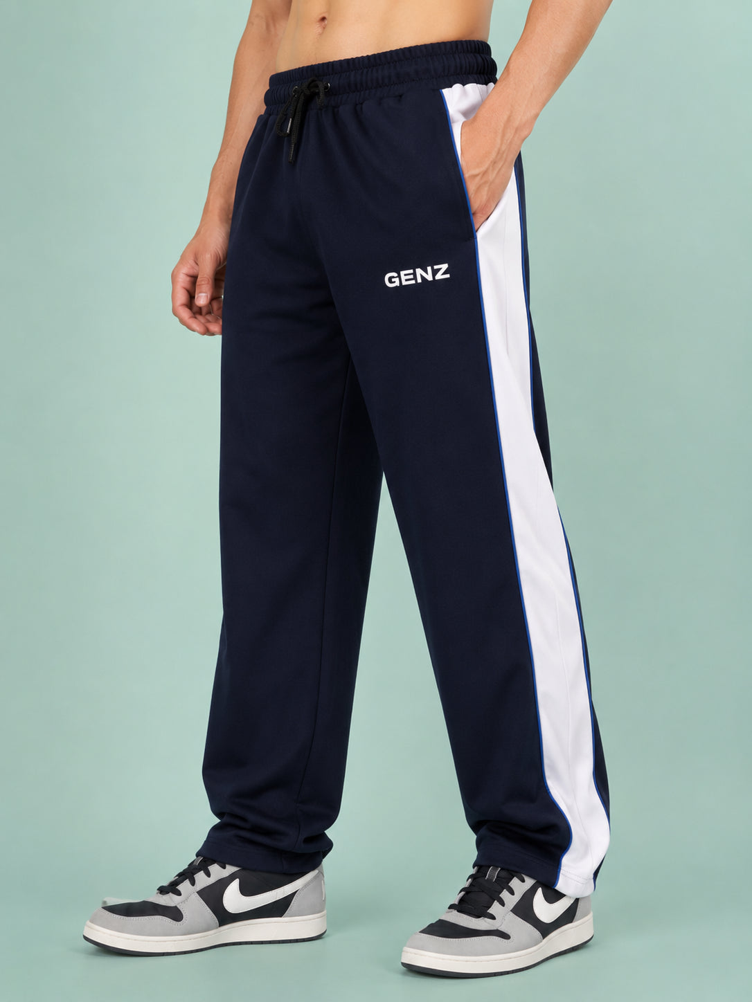 Genzclassic Men's Cotton Track Pants with Contrast Side Panel, Straight Fit Sports Lower | Navy Blue & White