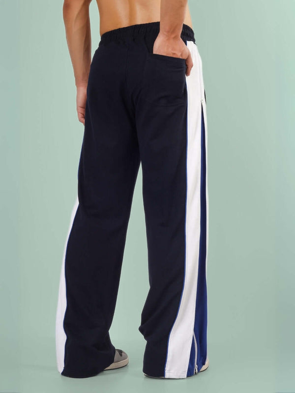 Genzclassic Men's Cotton Track Pants with Contrast Side Panel, Straight Fit Sports Lower | Navy Blue & White
