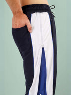 Genzclassic Men's Cotton Track Pants with Contrast Side Panel, Straight Fit Sports Lower | Navy Blue & White