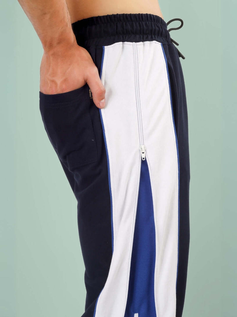 Genzclassic Men's Cotton Track Pants with Contrast Side Panel, Straight Fit Sports Lower | Navy Blue & White