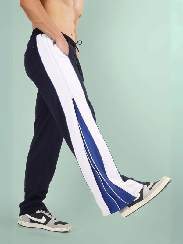 Genzclassic Men's Cotton Track Pants with Contrast Side Panel, Straight Fit Sports Lower | Navy Blue & White