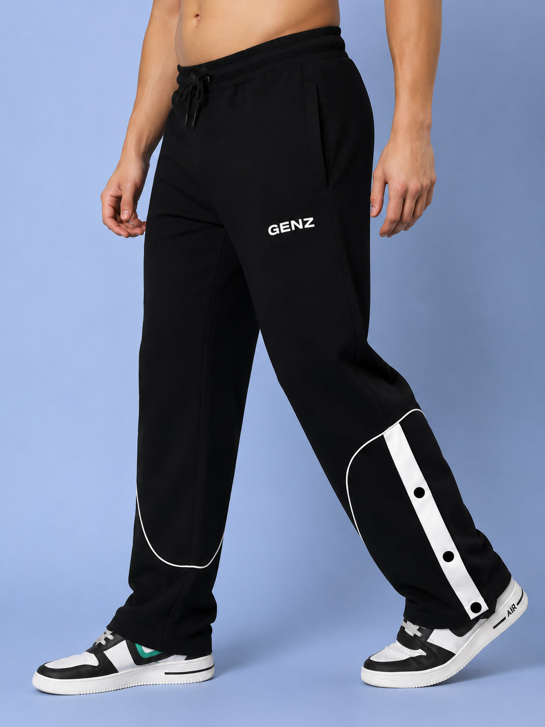 Genzclassic Men's Black Track Pants with Side Button Panel | Regular Fit Sports Joggers | Casual & Gym Wear Bottom