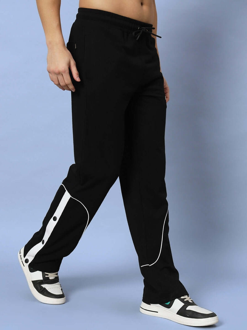 Genzclassic Men's Black Track Pants with Side Button Panel | Regular Fit Sports Joggers | Casual & Gym Wear Bottom