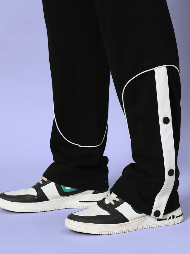 Genzclassic Men's Black Track Pants with Side Button Panel | Regular Fit Sports Joggers | Casual & Gym Wear Bottom