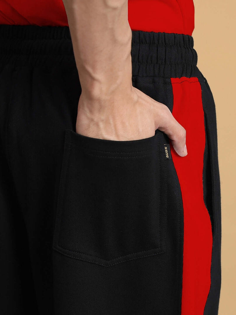 Genzclassic Men's Straight Fit Track Pants with Contrast Side Panels, Cotton Sports Lower | Black & Red