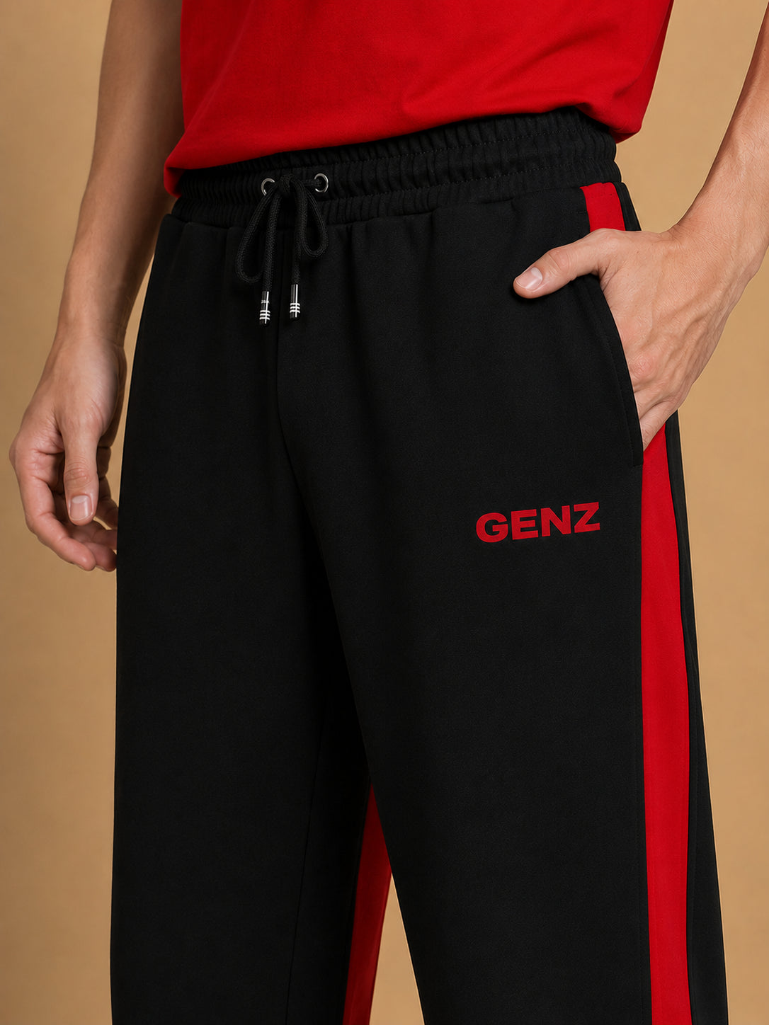 Genzclassic Men's Straight Fit Track Pants with Contrast Side Panels, Cotton Sports Lower | Black & Red