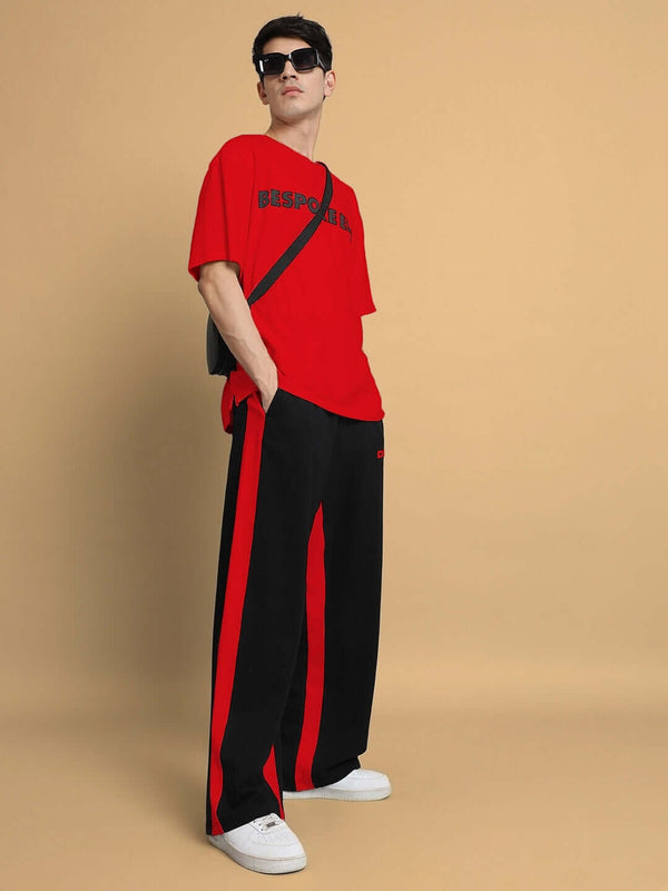 Genzclassic Men's Straight Fit Track Pants with Contrast Side Panels, Cotton Sports Lower | Black & Red