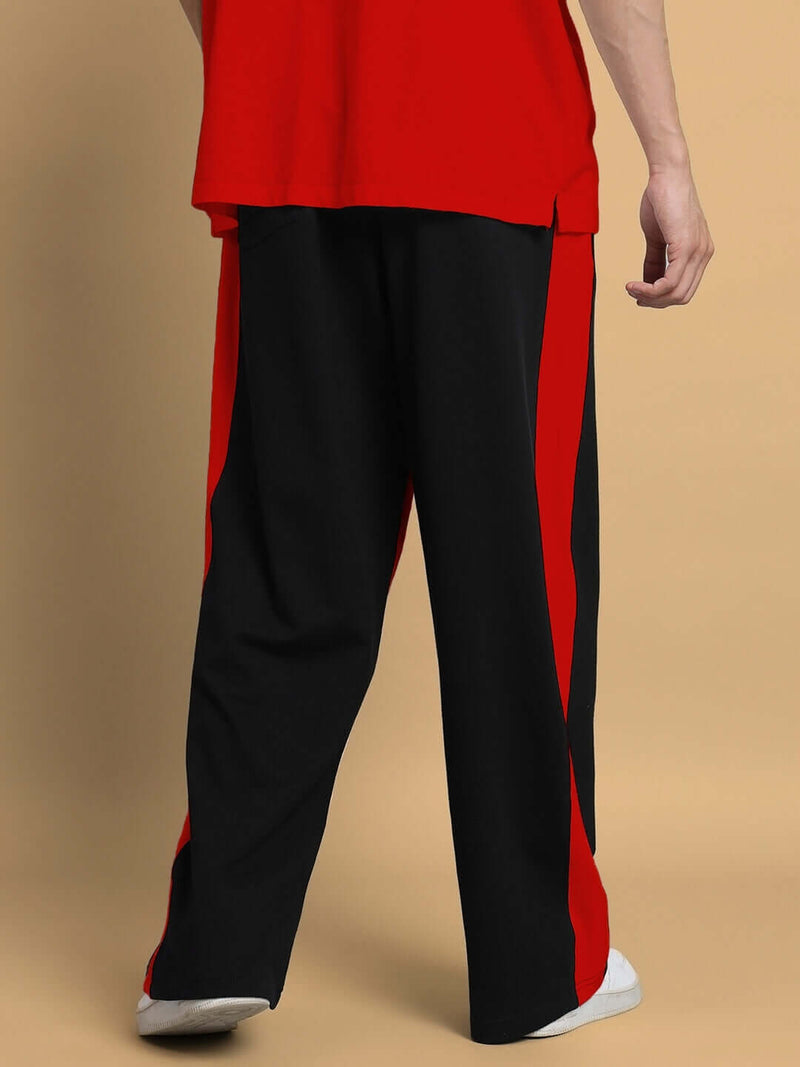 Genzclassic Men's Straight Fit Track Pants with Contrast Side Panels, Cotton Sports Lower | Black & Red