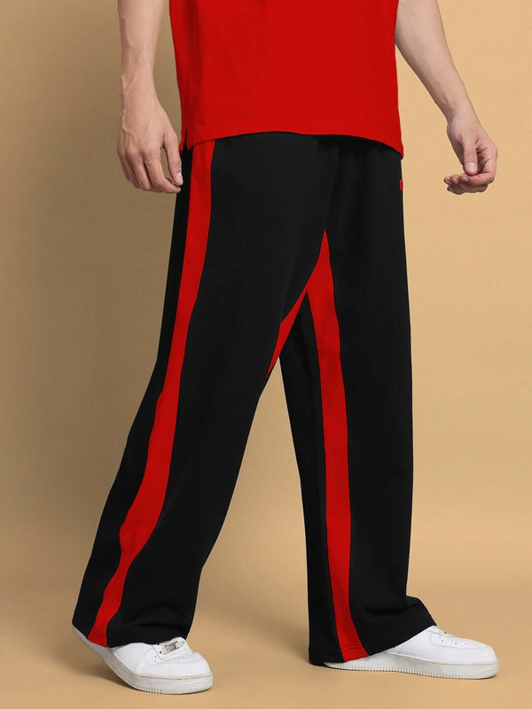 Genzclassic Men's Straight Fit Track Pants with Contrast Side Panels, Cotton Sports Lower | Black & Red