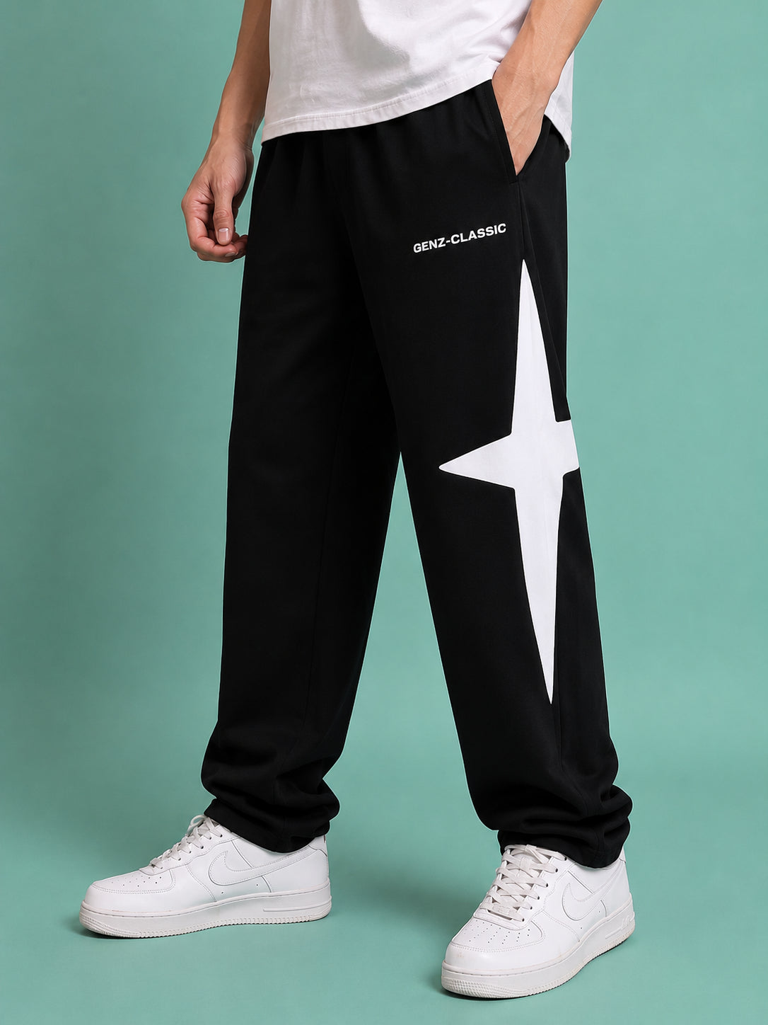 Genzclassic Men's Cotton Track Pants with Bold Side Graphic, Relaxed Fit Sports Lower | Black & White