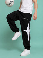 Genzclassic Men's Cotton Track Pants with Bold Side Graphic, Relaxed Fit Sports Lower | Black & White
